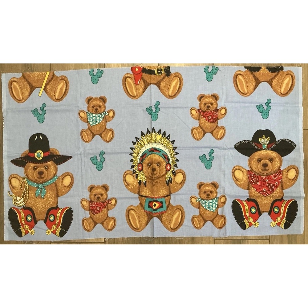 Vtg Wamsutta OTC Western Cowboy Indian Teddy Bear Appliqué Fabric Panel 24 X 43"